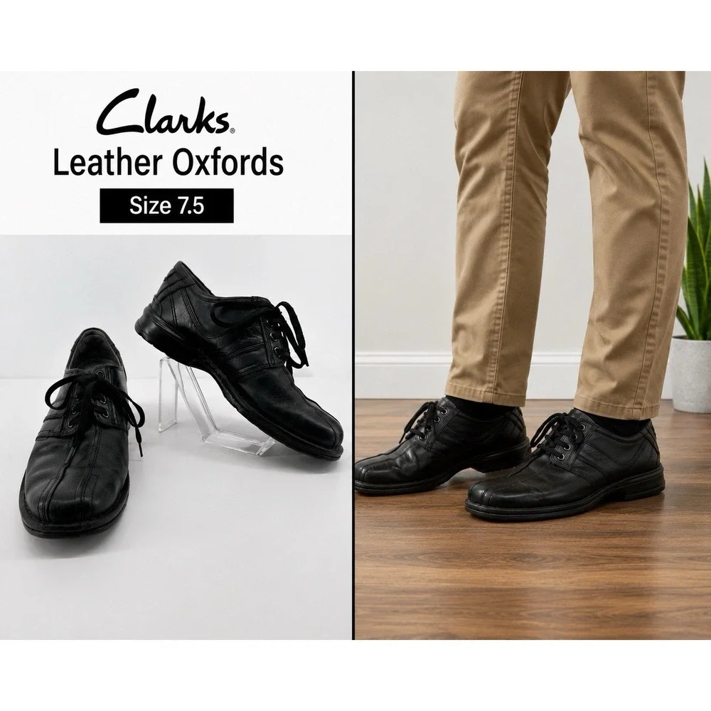 Clarks Leather Oxford Shoes Mens 7.5 Comfort Casual Oxford Lace Up Minimalist